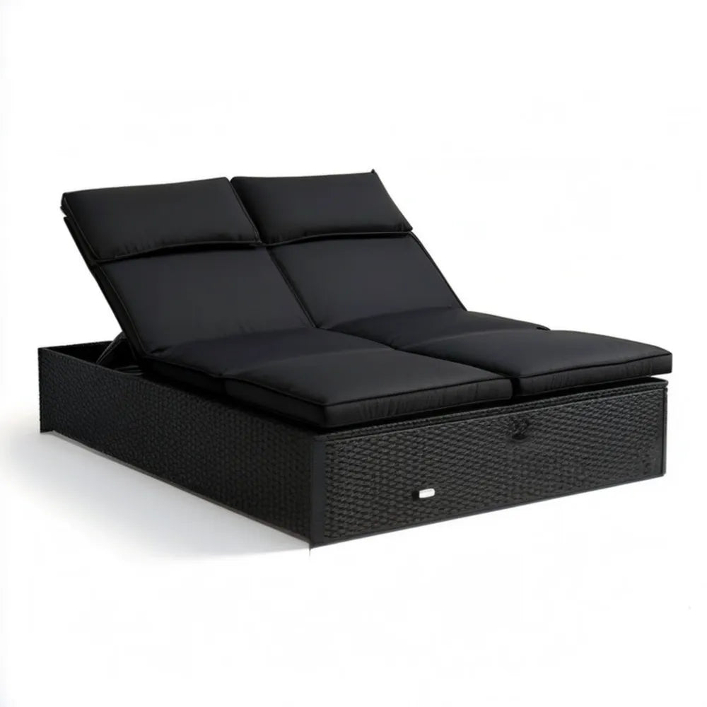 Podwójny leżak ogrodowy z regulowanymi oparciami, rattan PE, czarny, 200 x 120 x 75 cm