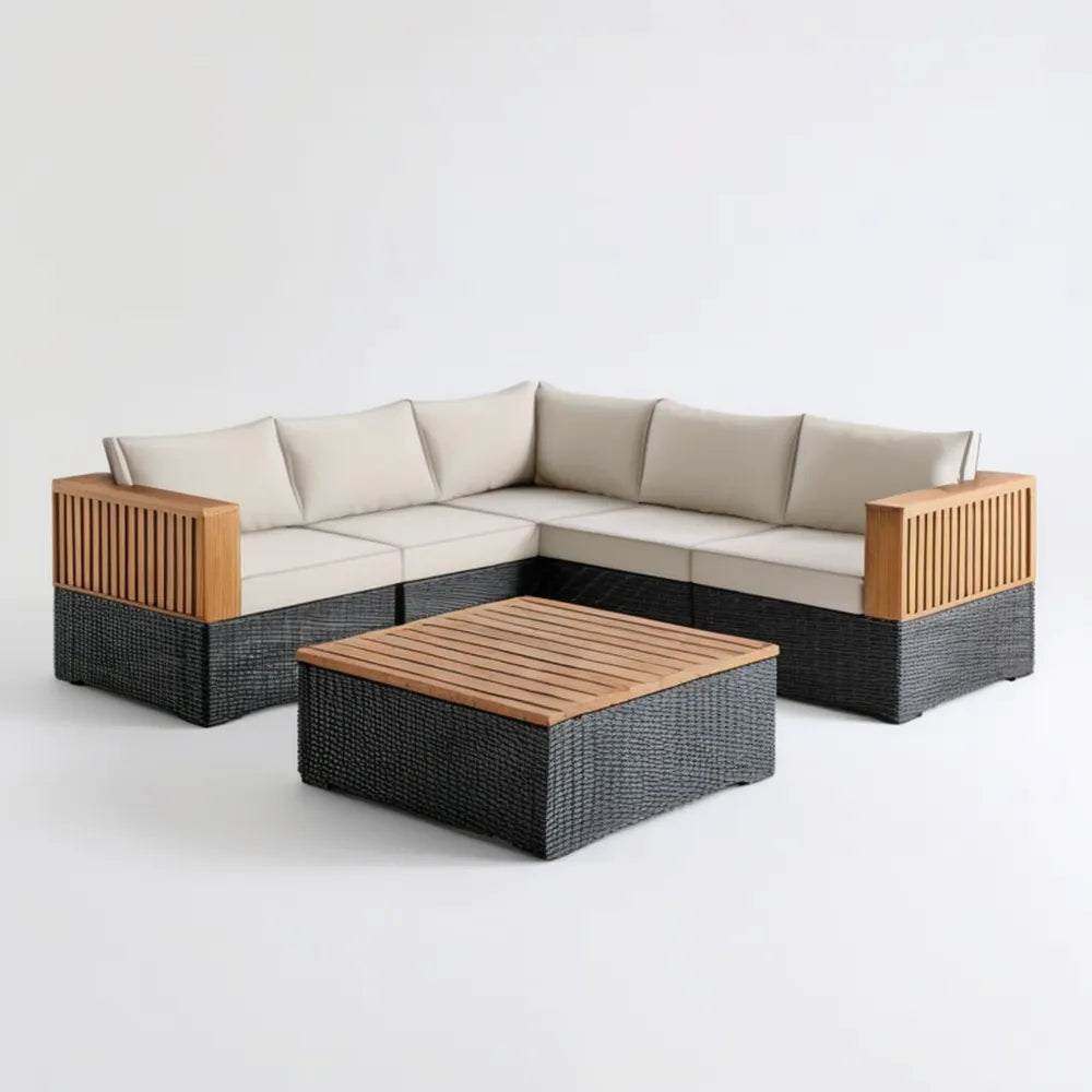 Narożny komplet ogrodowy z technorattanu PE i drewna akacjowego, czarno-beżowy, 250 × 250 cm