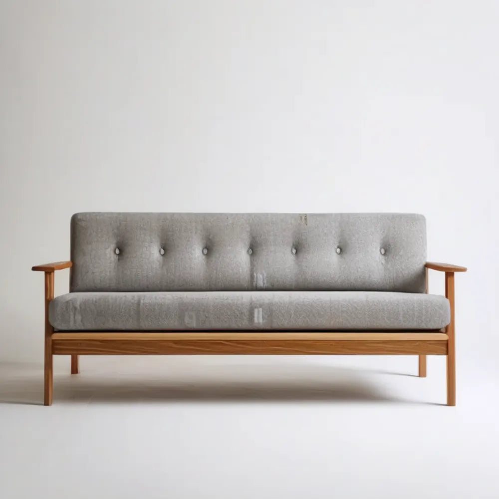 Trzyosobowa sofa skandynawska szara z naturalnym drewnem, 180 x 75 x 80 cm