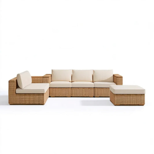 Modułowy narożnik ogrodowy z technorattanu z podnóżkiem, naturalny beż i krem, 300 x 150 x 65 cm