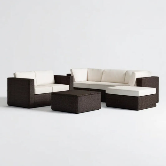 4-częściowy zestaw wypoczynkowy z technorattanu PE, ciemnobrązowy/kremowy, sofa narożna 180 × 70 cm ze stolikiem
