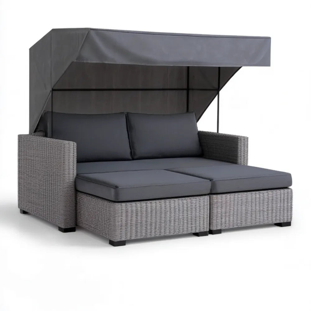 Dwuosobowa sofa ogrodowa z rozkładanym daszkiem, plecionka PE, szara/ciemnoszara, 200 × 150 × 200 cm
