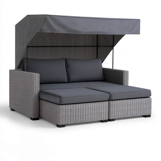 Dwuosobowa sofa ogrodowa z rozkładanym daszkiem, plecionka PE, szara/ciemnoszara, 200 × 150 × 200 cm