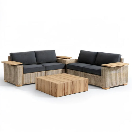 Ogrodowy zestaw narożny dla 4 osób z technorattanu PE 220 x 220 x 75 cm ze stolikiem z drewna akacjowego, Naturalny beż/Antracyt/Naturalny brąz