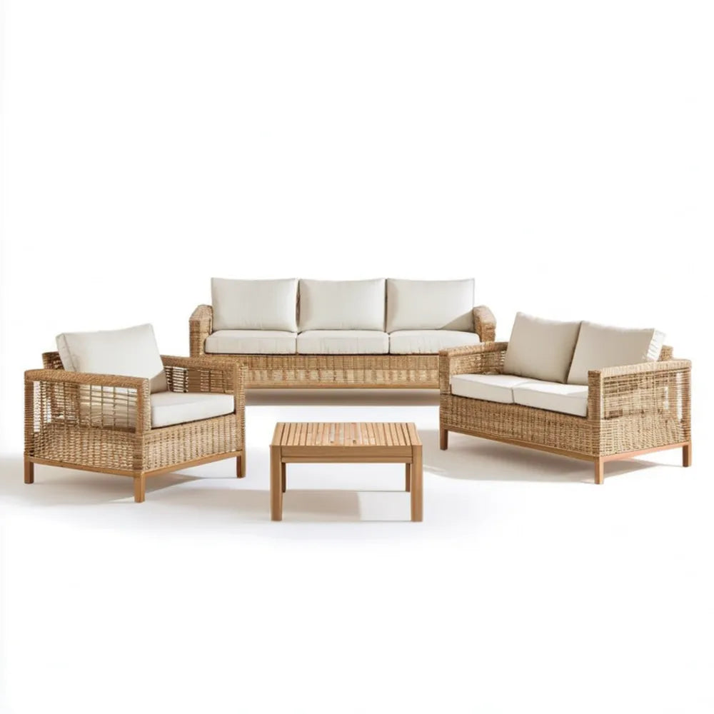 Beżowy zestaw mebli ogrodowych z technorattanu PE i akacji, 5 elementów z poduszkami, sofa 3-os. 210 × 75 × 78 cm
