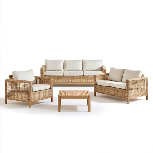 Beżowy zestaw mebli ogrodowych z technorattanu PE i akacji, 5 elementów z poduszkami, sofa 3-os. 210 × 75 × 78 cm
