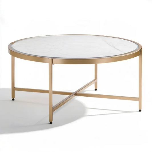 Okrągły stolik kawowy 80 x 80 x 45 cm z blatem w dekorze białego marmuru i złotym stelażem