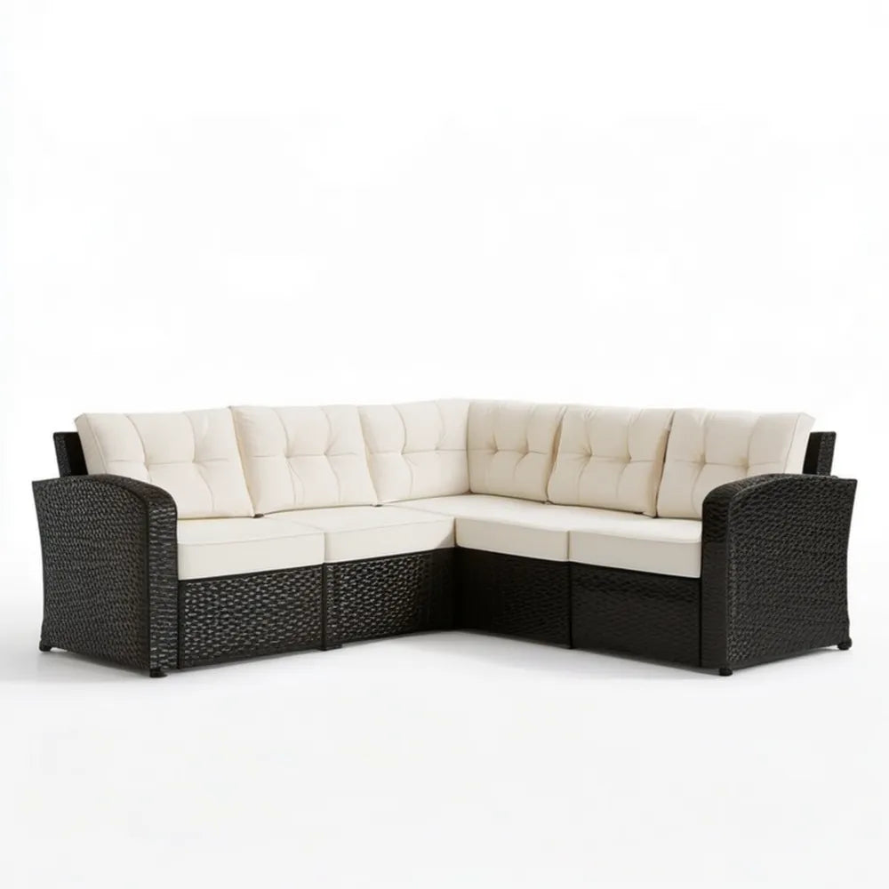 Narożna sofa ogrodowa 5-osobowa z technorattanu PE, czarna z kremowymi poduszkami, 230 x 230 x 85 cm, kształt L