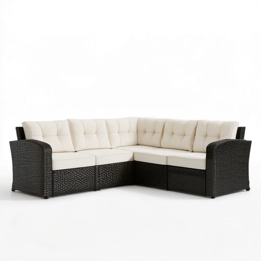 Narożna sofa ogrodowa 5-osobowa z technorattanu PE, czarna z kremowymi poduszkami, 230 x 230 x 85 cm, kształt L