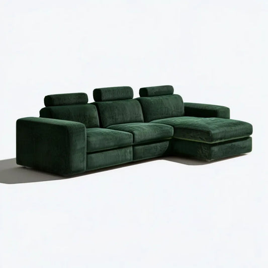 Prawostronna sofa narożna z szezlongiem, sztruks poliestrowy, ciemnozielona, 280 × 165 × 86 cm