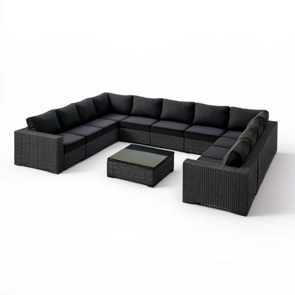 Modułowy zestaw ogrodowy w kształcie U z technorattanu, czarny, 330 × 250 × 70 cm