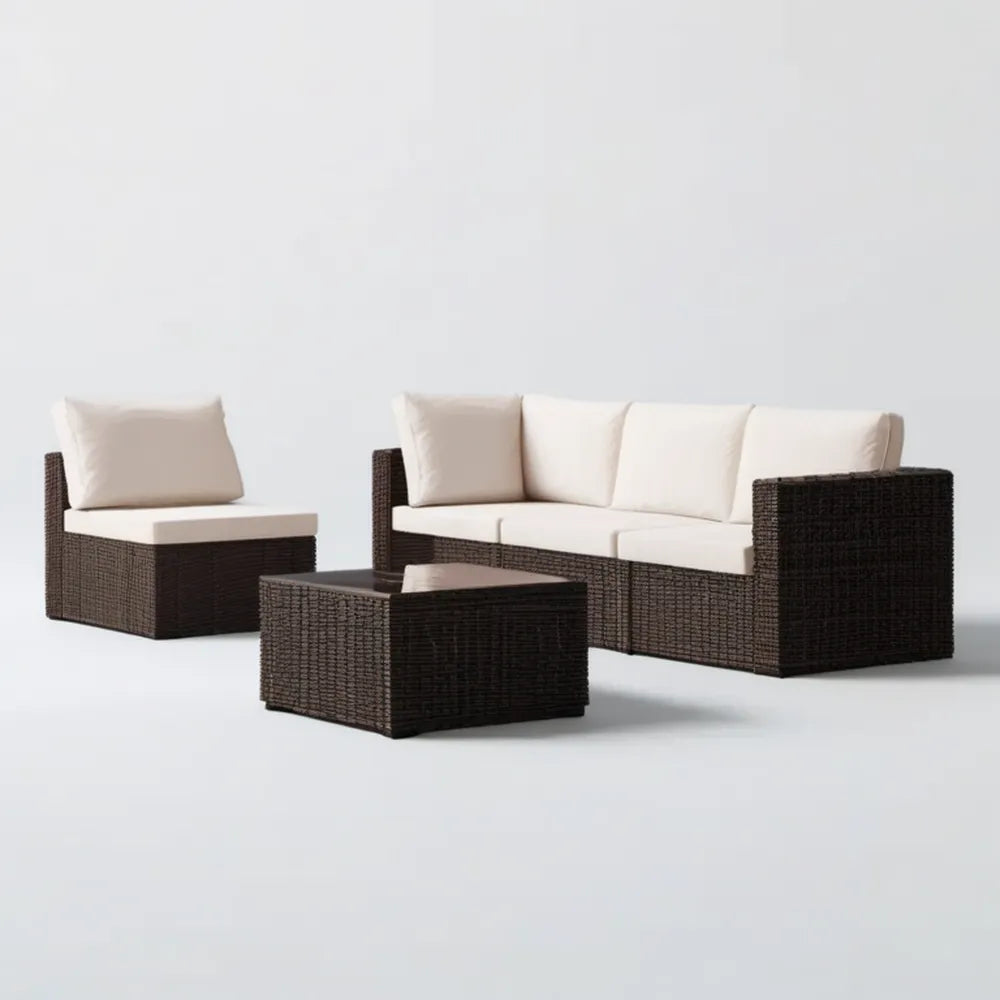 Zestaw ogrodowy z technorattanu, ciemnobrązowy/kremowy, sofa 180 × 70 × 65 cm, fotel, stolik 100 × 55 × 35 cm