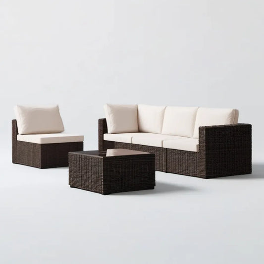 Zestaw ogrodowy z technorattanu, ciemnobrązowy/kremowy, sofa 180 × 70 × 65 cm, fotel, stolik 100 × 55 × 35 cm