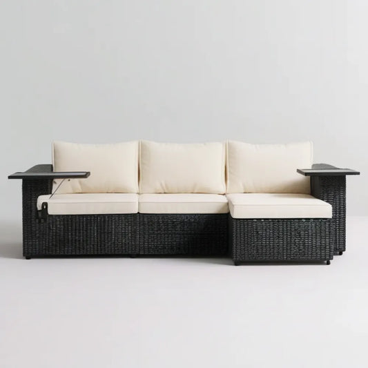 3-osobowa sofa ogrodowa z technorattanu PE z regulowanym oparciem, czarno-kremowa, 220 x 70 x 78 cm