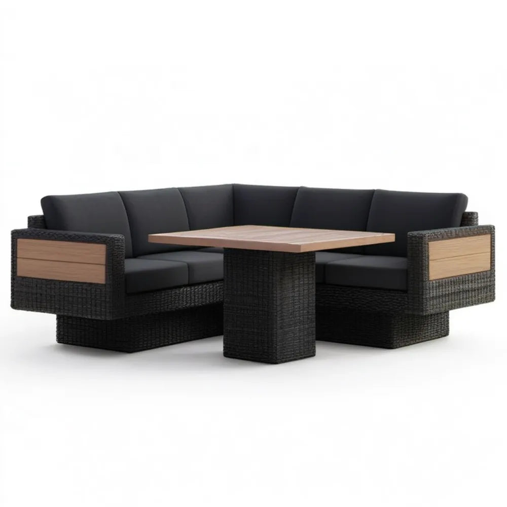 Narożnik ogrodowy z technorattanu PE ze stołem 210 x 210 cm, Czarny/Brązowy