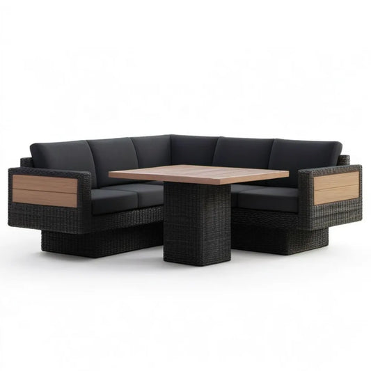 Narożnik ogrodowy z technorattanu PE ze stołem 210 x 210 cm, Czarny/Brązowy