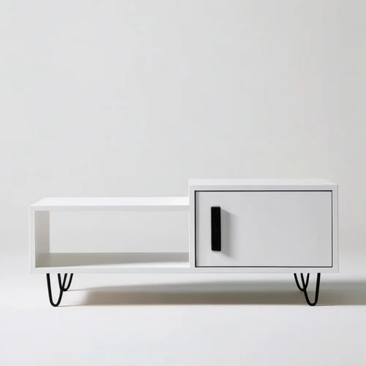 Biały stolik kawowy MDF z czarnymi metalowymi nogami, 100 x 35 x 45 cm